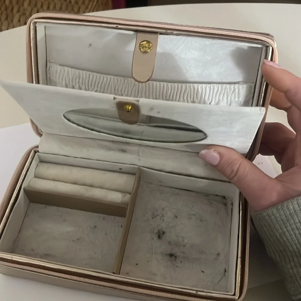 rose gold light copper zip around jewelry box with mirror and secret compartment